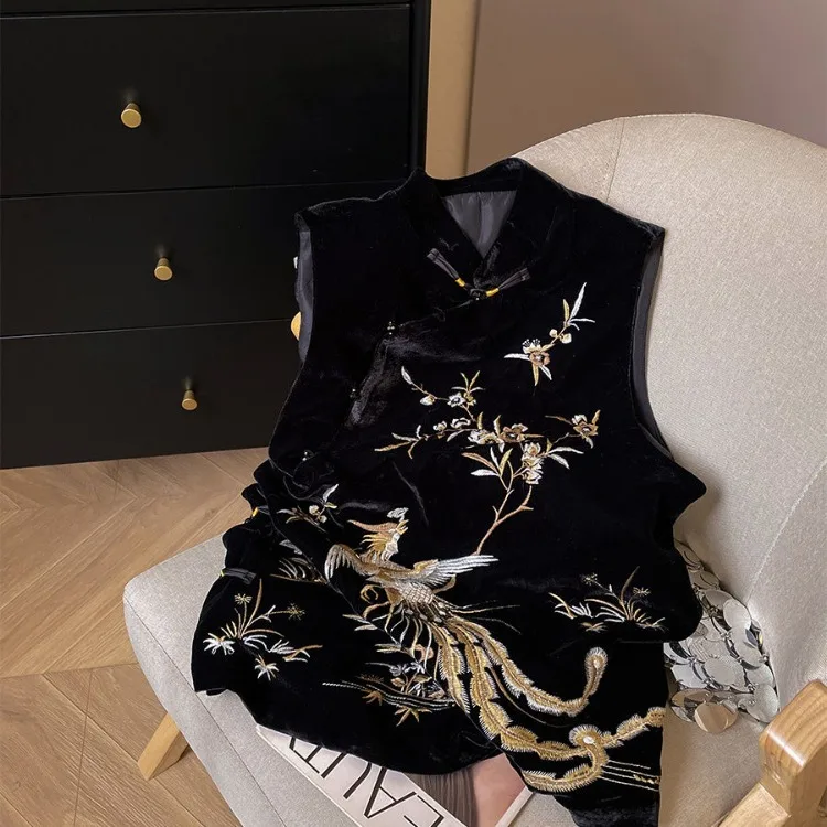 

New Chinese Style Heavy Embroidery Tank Tops Spring Summer New Stand Collar Vest Y2k Sleeveless Loose Black Tops Women