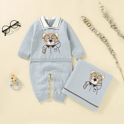 Newborn Baby Clothes Set Cotton Knit Toddler Long Sleeve Turn-down Jumpsuit +Bed Quilt Infant Girl Boy Romper +Blanket Cute Bear