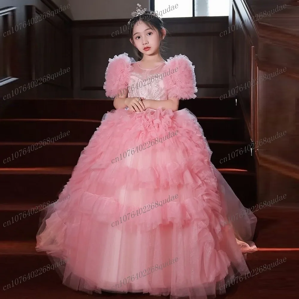 

Girls Princess Dress Square Neck Puff Sleeve With Bow Lace Sequin Embellished Tulle Ball Gown Formal Party Pageant Costume
