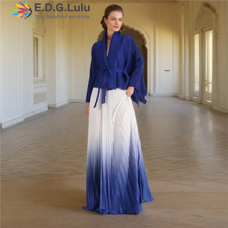 EDGLuLu Women 2 Piece Set Outfit V-Neck Lace Up Long Sleeved Loose Top+High Waisted Gradient Pleated Long Skirt Fashion Suit1119