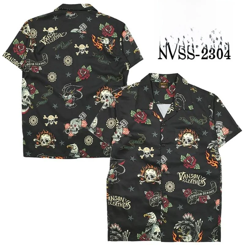 Classic Skull Eagle Tattoo Motorcycle Short Sleeve Shirt Vintage Cuban Collar Youth Fashion Polyester Fiber Summer Shirt