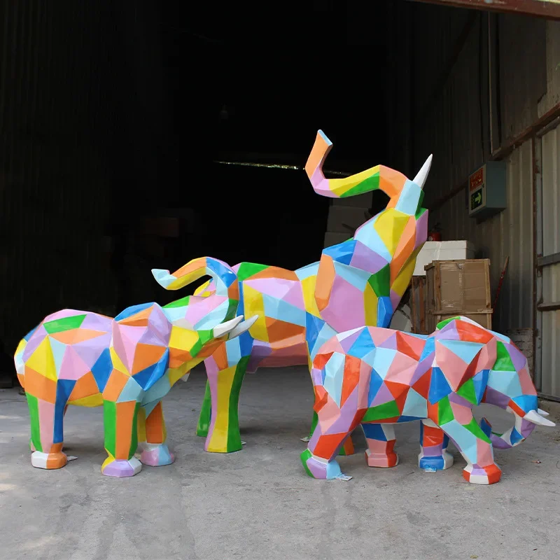 Escultura geométrica de fibra de vidro de elefante de piso grande paisagem de jardim
