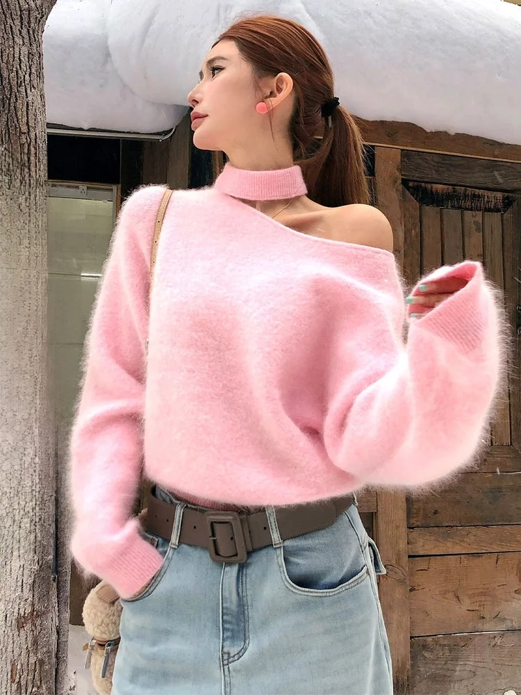 

Lililiwj Women's Knitted Rabbit Fur Sweater oulder Bared Ne Hanging Autumn Winter Loose Fit Warm Faion Sweet Sle