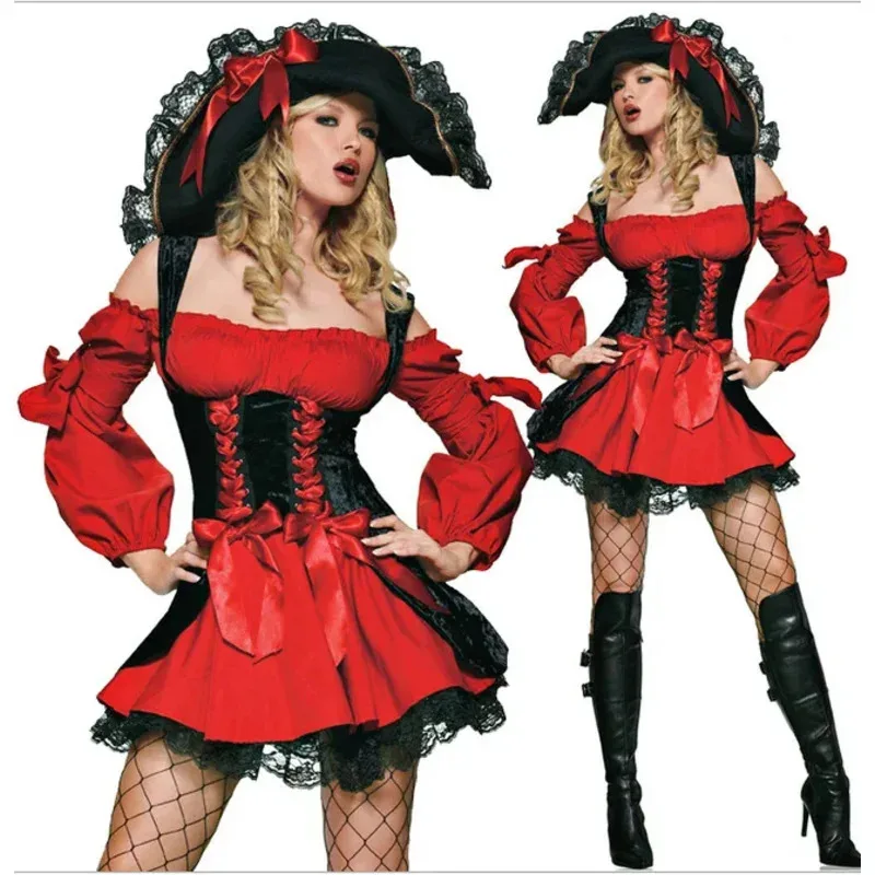 Woman Caribbean Pirate Costume Dress Girls Female Hat Party Cosplay Costume Clothes Halloween Role-playing Dresses EA3748