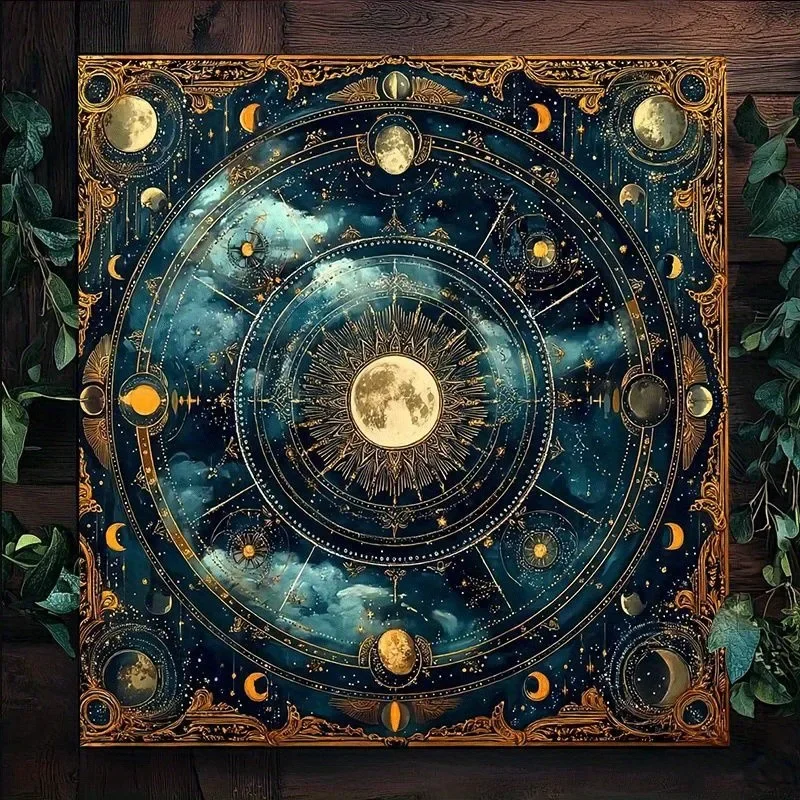 50/75cm Mystical Moon Stars Tarot Altar Cloth Celestial Zodiac Design Polyester Tablecloth Divination Tarot Readings Home Decor