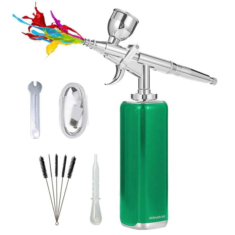 Zestaw aerografu AT29 - Bezprzewodowy zestaw aerografu z kompresorem, narzędzie do malowania miniaturowych modeli z wysoką przepływem powietrza do dekoracji ciast, zielony