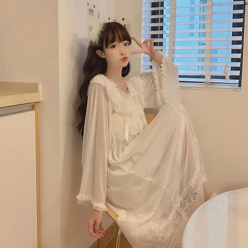 Woman Sweet Pajamas Set Female Chiffon Ruffles Long Sleeves Lace Cuff Loungewear Soft Comfortable Causal Student Home Clothing