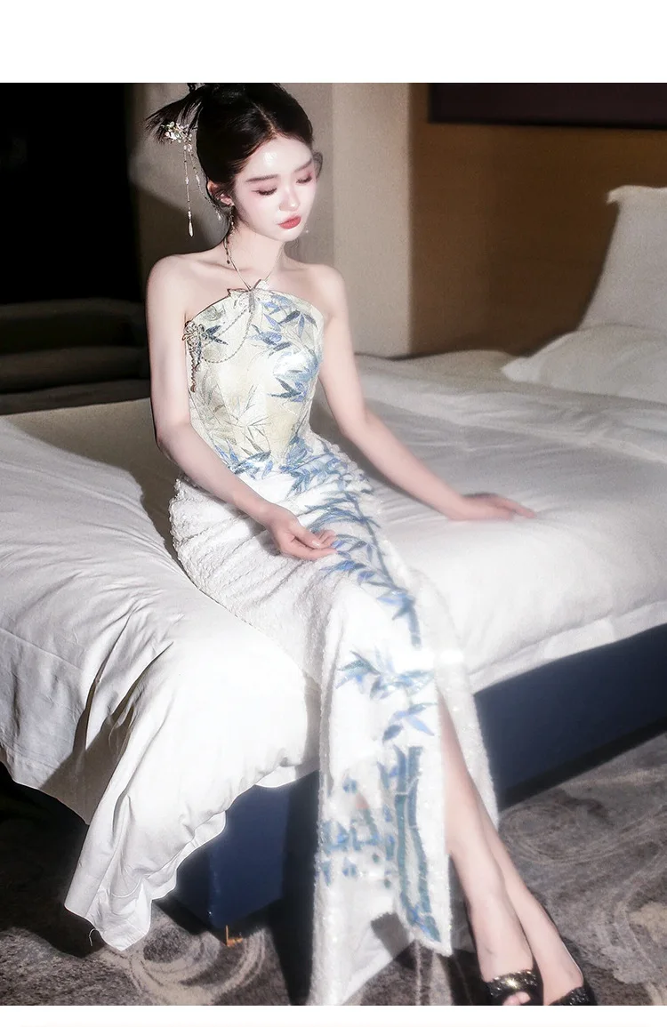 ملابس الزفاف نخب مثير مزاجه فستان طويل معلق الرقبة جديد النمط الصيني الصباح ثوب طباعة خمر شيونغسام #3