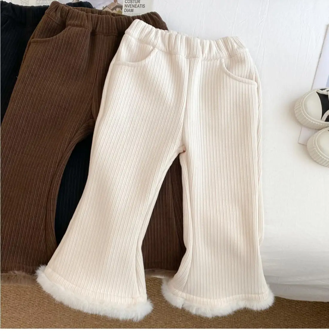 Girls Pants for Autumn and Winter New Stylish Flared Pants Children Fashionable Winter Baby Girls White Plush Pants