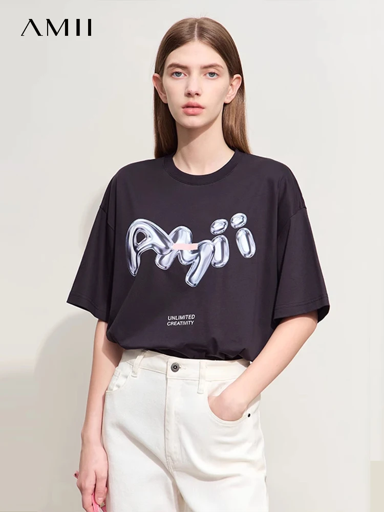 Amii minimalismo 2024 verão novas camisetas casuais soltas noções básicas de comprimento médio letras impressas o-pescoço moda topos femininos 12442286