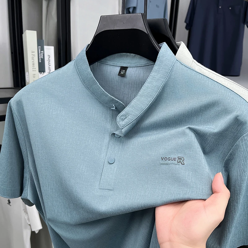 

Летняя новая стильная мужская рубашка поло, элитная деловая повседневная однотонная мужская одежда с дышащими лацканами, модная и универсальная