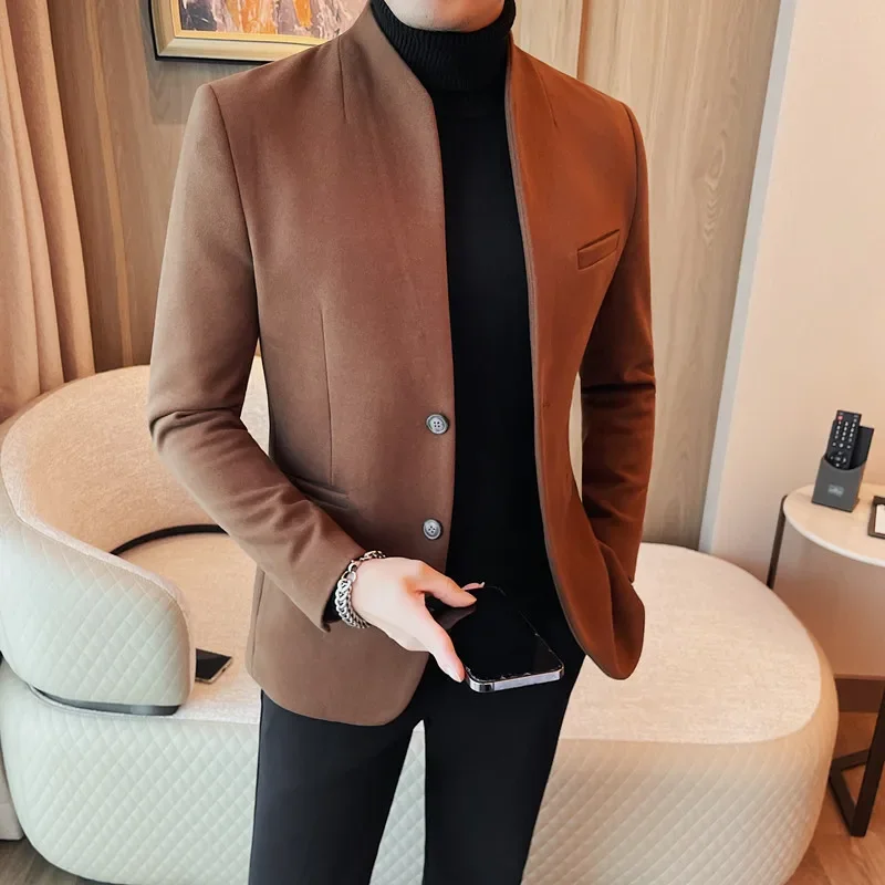 

Top Quality Winter Men's Woolen Suit Jacket Slim Casual Business Blazer Masculino Stand Collar Social Banquet Wedding Dress Coat