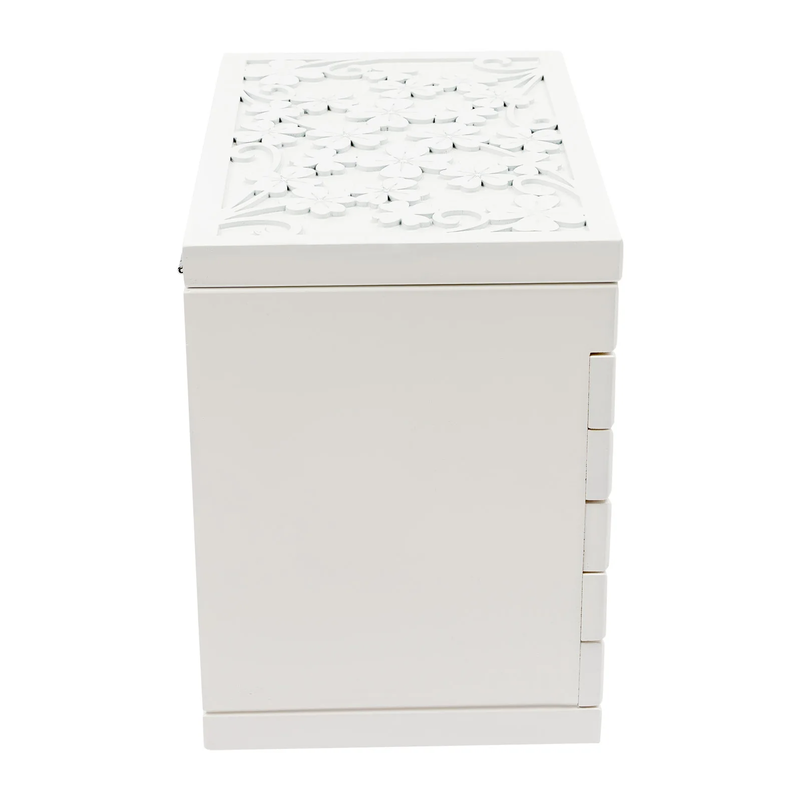 6-Schichtige Schmuck-Aufbewahrungsbox mit Spiegel, Kleeblatt-Gravur, Schmuck-Organizer, Weiß, Vintage-Stil, Aufbewahrungsbox für Ohrringe und Ringe – Detail 4