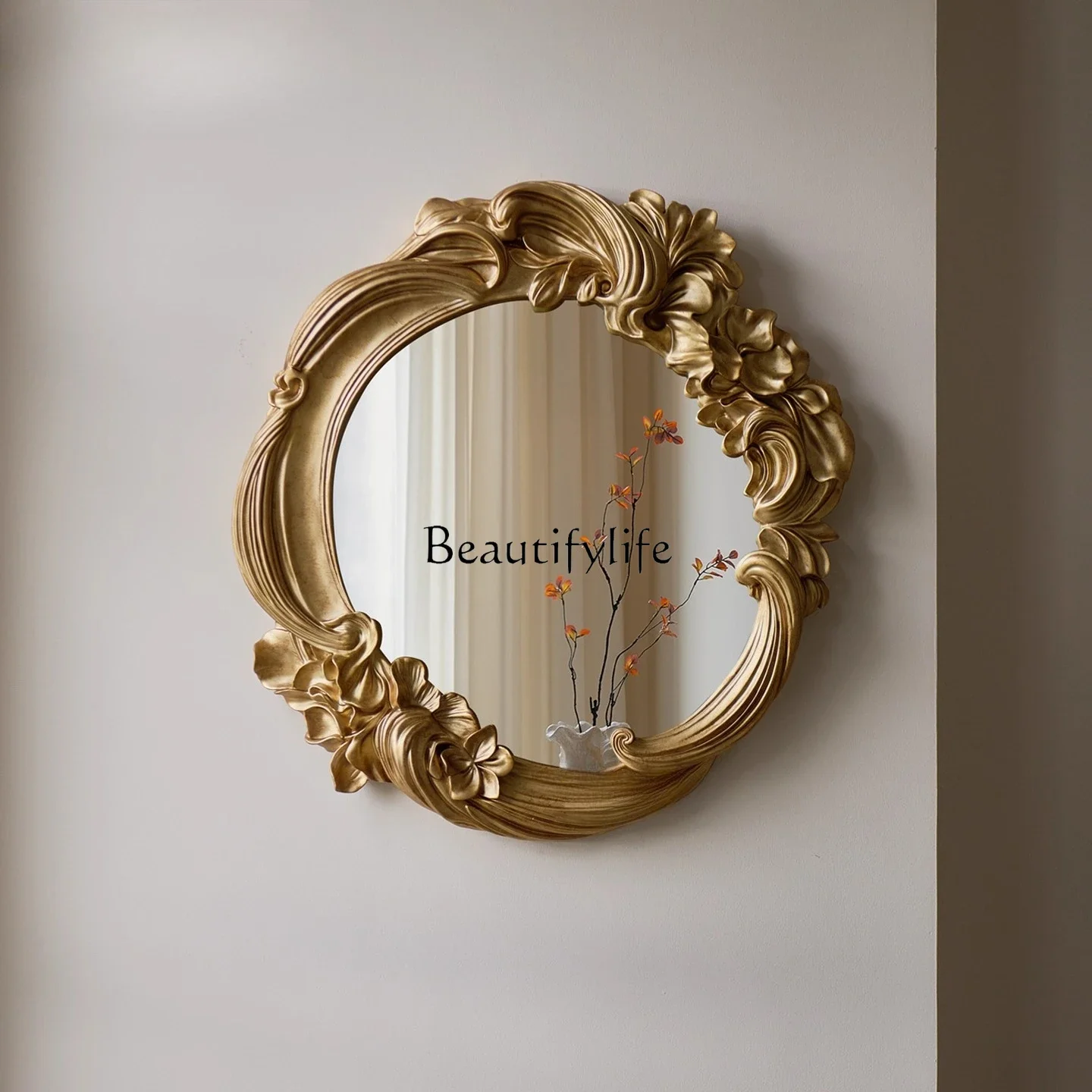 yj7 French retro carved wall hanging decorative mirror cream wind living room bedroom bathroom makeup mirror