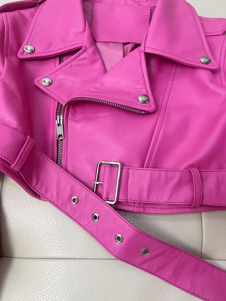 Popular Locomotive Leather Clothing for Women European Trend Pink Natural Sheepskin Belt Zipper Ultra Short Jacket Streetweer