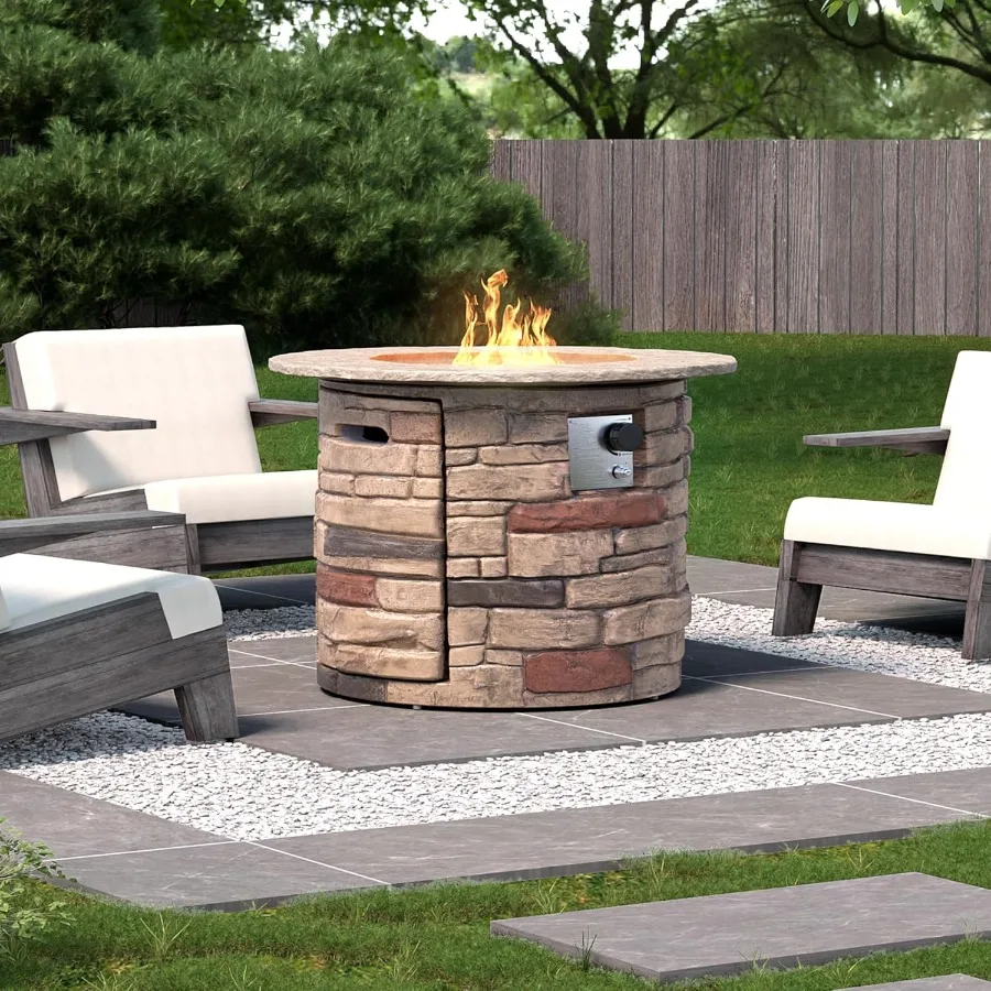 

32-дюймовый уличный пропановый пожарный стол с имитацией камня, бетонной конструкцией, бездымное управление до 40 000 БТЕ, в комплект входит дождевик