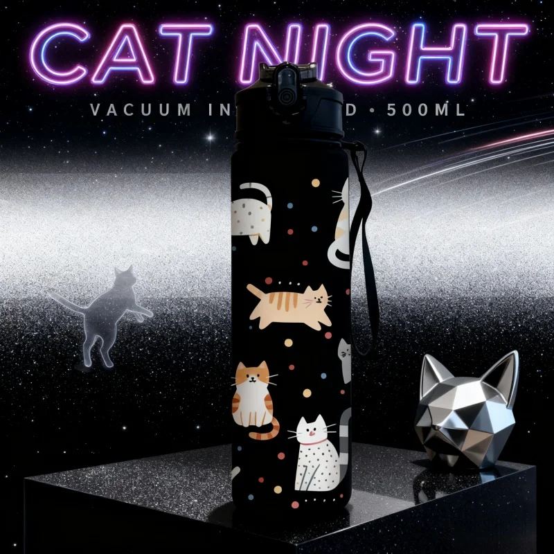 زجاجة مياه بنمط قطة كرتونية لطيفة مطبوعة ثلاثية الأبعاد - ملونة ومبتكرة ومضادة للتسرب، جسم غير لامع، مقاوم للبهتان، 750 مل