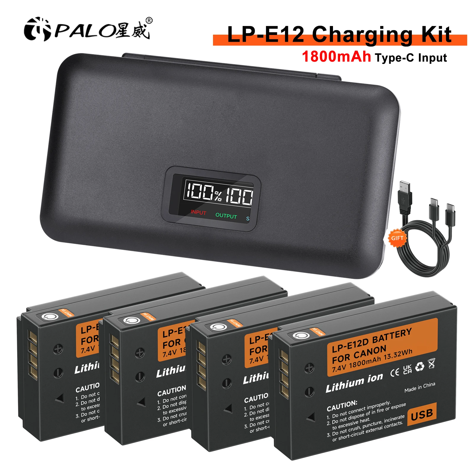 PALO 1800mAh LP-E12 LP E12 LPE12 Battery+LCD Charger Case for Canon EOS M50, M10,M100,M200,100D Kiss X7 Rebel SL1 Camera