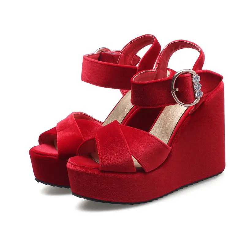Velour Velvet Dark Green Red Open Toe Platform Wedges High Heels Sandals Big Size 42 43 Wide Buckle Belt Black Summer Shoes