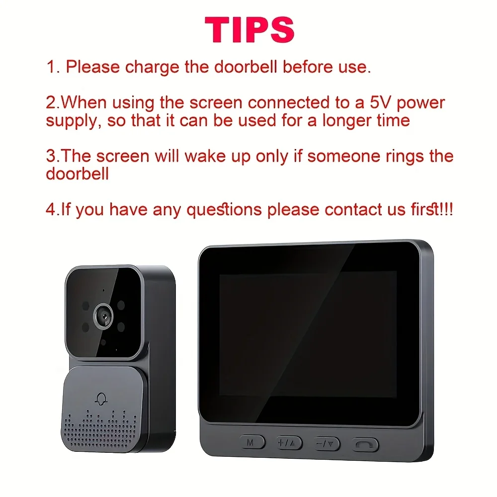 Smart Wireless Video Doorbell with 4.3-inch Screen for Real-Time Indoor Monitoring No app or internet connection required