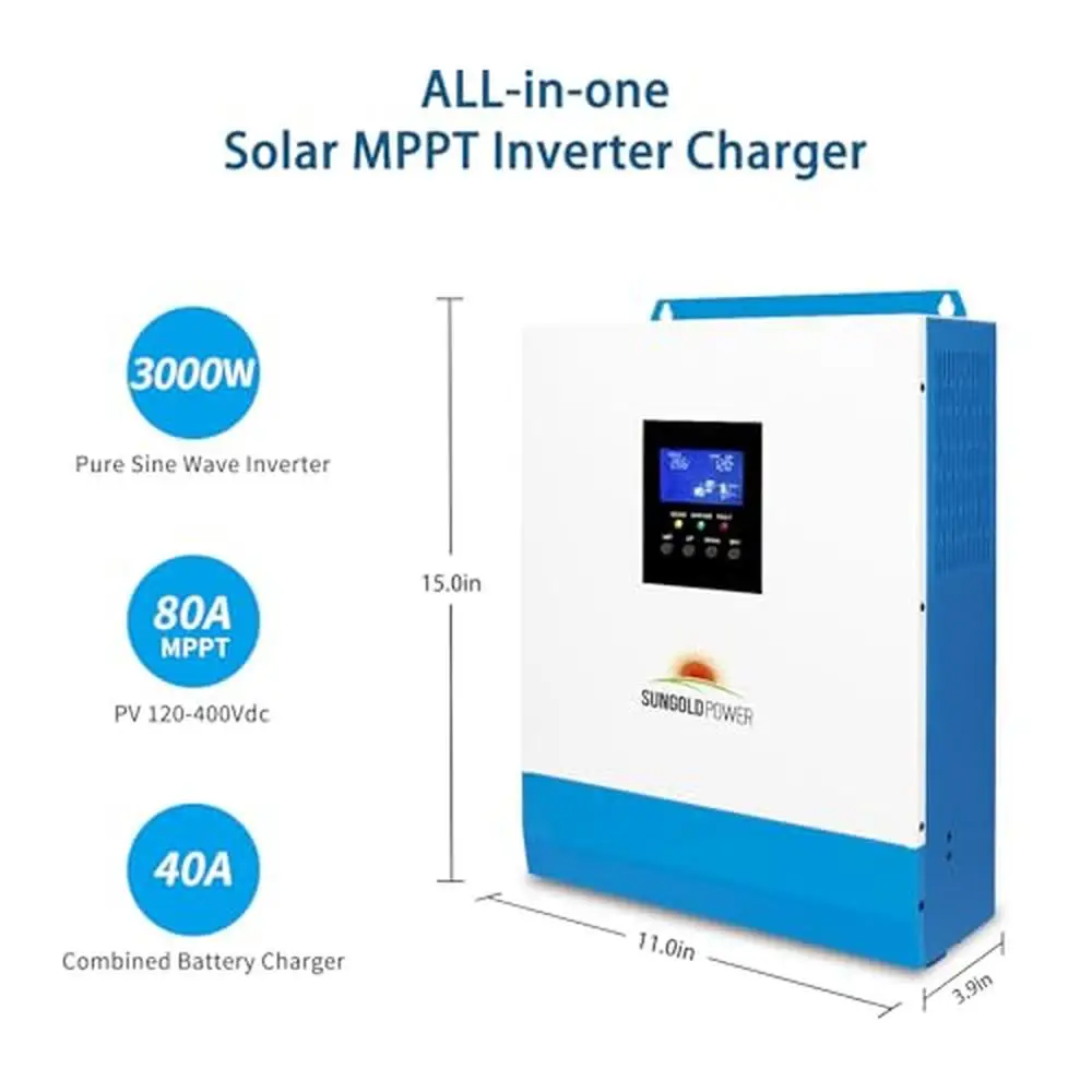 3000W Hybrid Solar Inverter 24V 120Vac AC Input/Output 80A MPPT Solar Charger 40A AC Charger LCD Display Lithium Battery