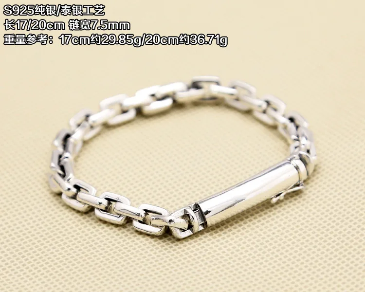 S925 sterling silver checkered chain ring clasp men's retro thai silver thick bracelet glossy simple box chain