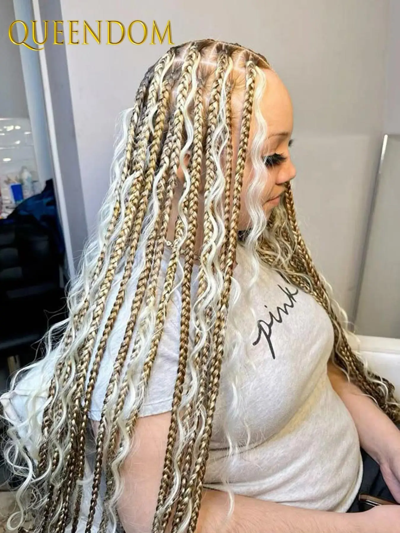 

32 Inch Ombre Blonde Goddess Wig Full Lace Bohemian Braid with Curly Hair Back Synthetic Cornrow Braided Wig for School