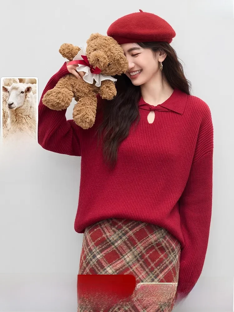 

Red Orlon Knitted Sweater Women's Loose Fit Turn-down Collar Button-up Slimming Elastic Knitwear for New Year Casual Sle