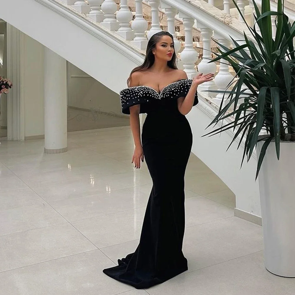 

Arabic Black Formal Dress Mermaid Beads Strench Satin Prom Dresses For Women Party Dress Off The Shoulder Formal Prom Gowns 2024