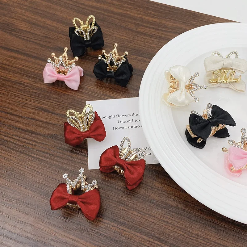 2PC Pink Bows Princess Rhinestone Crown Hair Claw Clips Bowknot Hairpin Kids Barrette Korean Hair Accessories