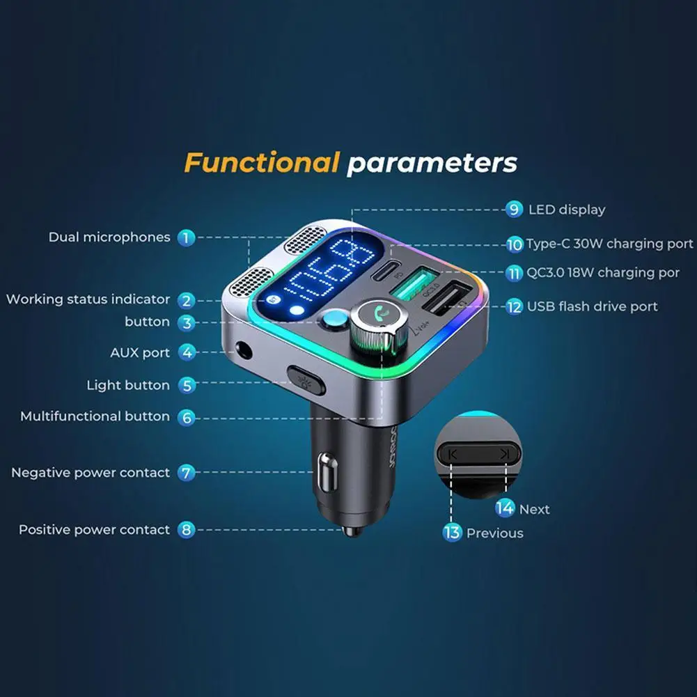 LED Bluetooth 5.0 FM Transmitter With Strong Dual Mics And Deep Bass Sound For Car 48W PD&QC3.0 Car Charger Adapter