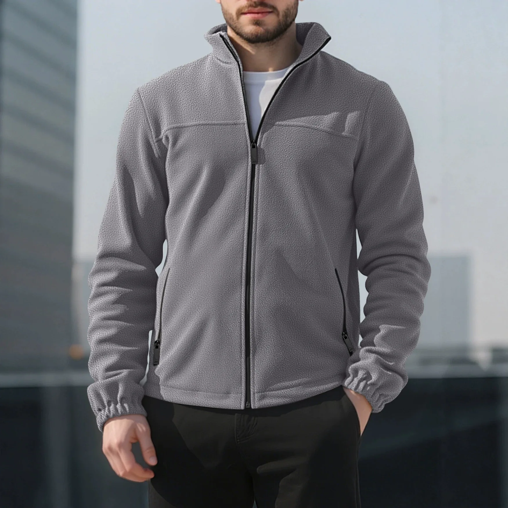 Men's Spring Fall Winter New Polar Fleece Jacket Zip Up Stand Collar Windproof Outdoor Casual Outerwear for Daily Hiking Wear