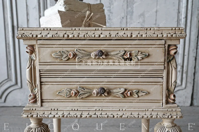 XX L retro nostalgic solid wood carving flower court style bedside table, bedroom storage locker