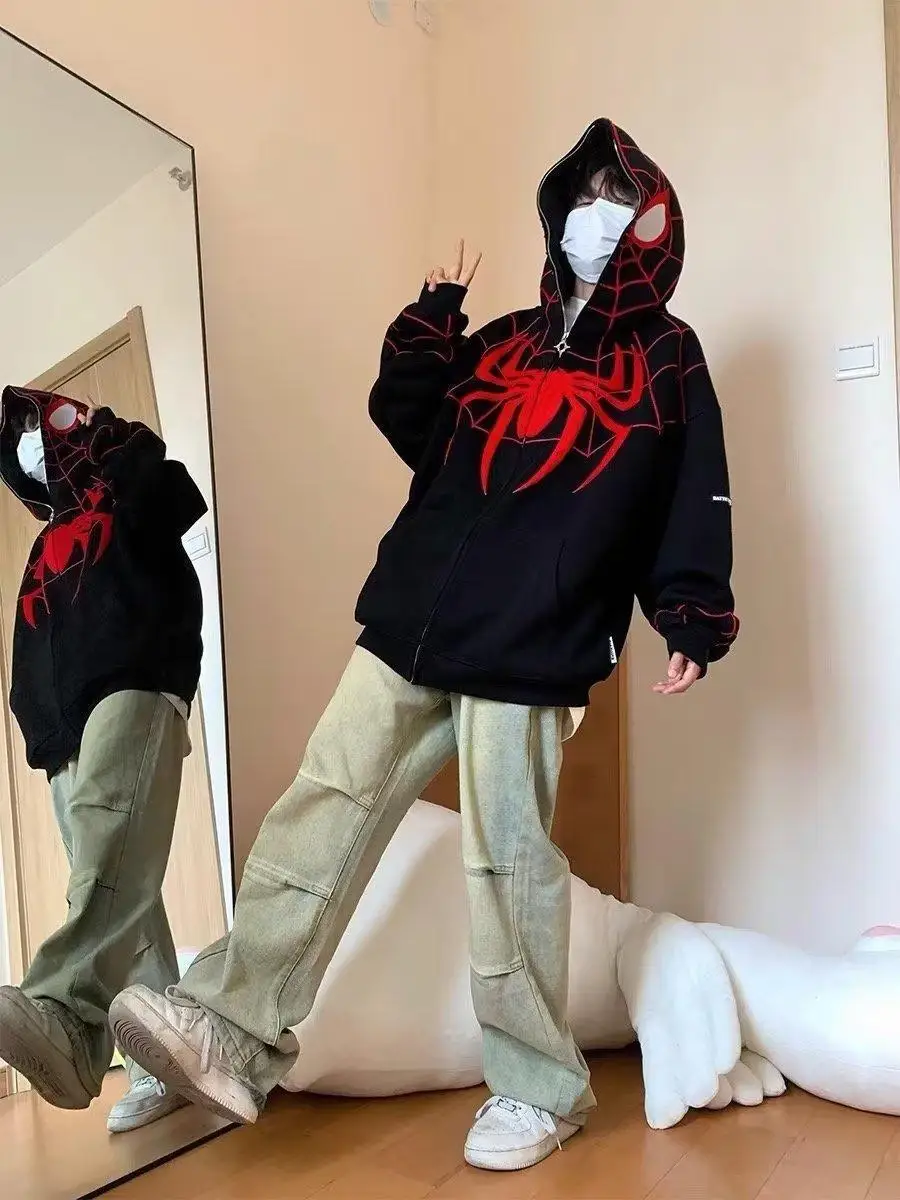 New Spider Web Red Hoodie Women Sweatshirt Zipper Warm Harajuku Punk Grunge Y2k Clothing Hip Hop Sweatshirt Hoodie Autumn Winter