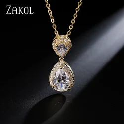ZAKOL Trendy Water Drop Cubic Zircon Pendants Necklaces for Women Bridal Party Wedding Jewelry