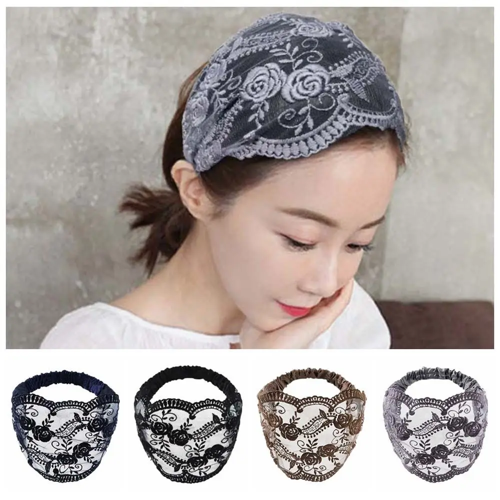 

Fashion Non Slip Lace Flower Headband Hair Hoop Transparent Mesh Hollow Hairbands Headdress Elastic Wide Side Head Wrap Daily