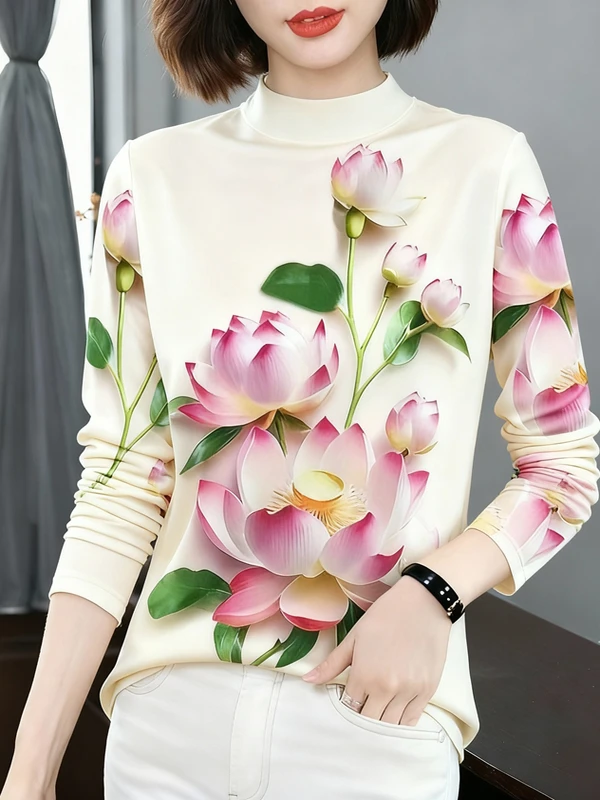 

Элегантная женская футболка с длинным рукавом и принтом лотоса, модная базовая кофта больших размеров для мам, теплый топ с высоким воротником и цветочным растительным узором