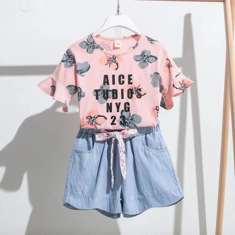 Girls Clothes Set Summer Flower Shirt +Jean Short Pants 2 PCS Girl Clothing Set for Girls Teen Kids Clothes 8 10 11 12 Years Old