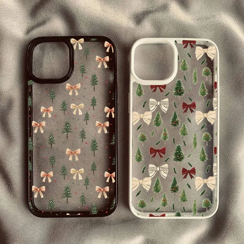Golden Bow Christmas Tree Phone Case for iPhone 13 12 11 16 15 14 Pro Max X XR XS Max 7 8 Plus SE 2022 Anti-Fall Clear Cover