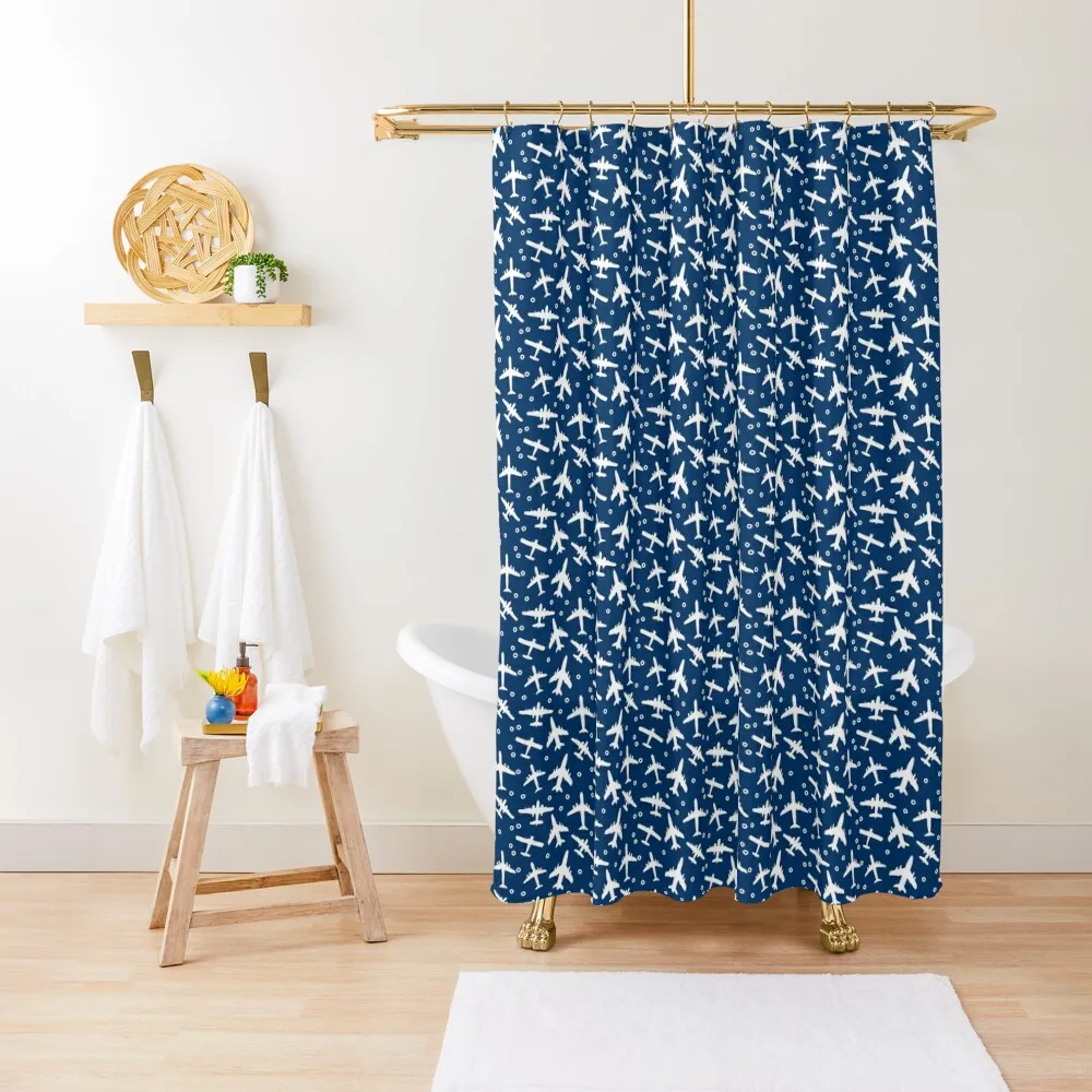 

Blue and White Aeroplanes Silhouette Pattern Shower Curtain Bathtub Anime Bathroom Waterproof Fabric Shower Curtain