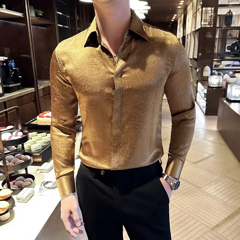 

Shirts for Men High Quality Glossy Anti-Wrinkle Men's Social Shirts Long Sleeve Slim Fit Korean Luxury Clothing Big Size Tuxedo