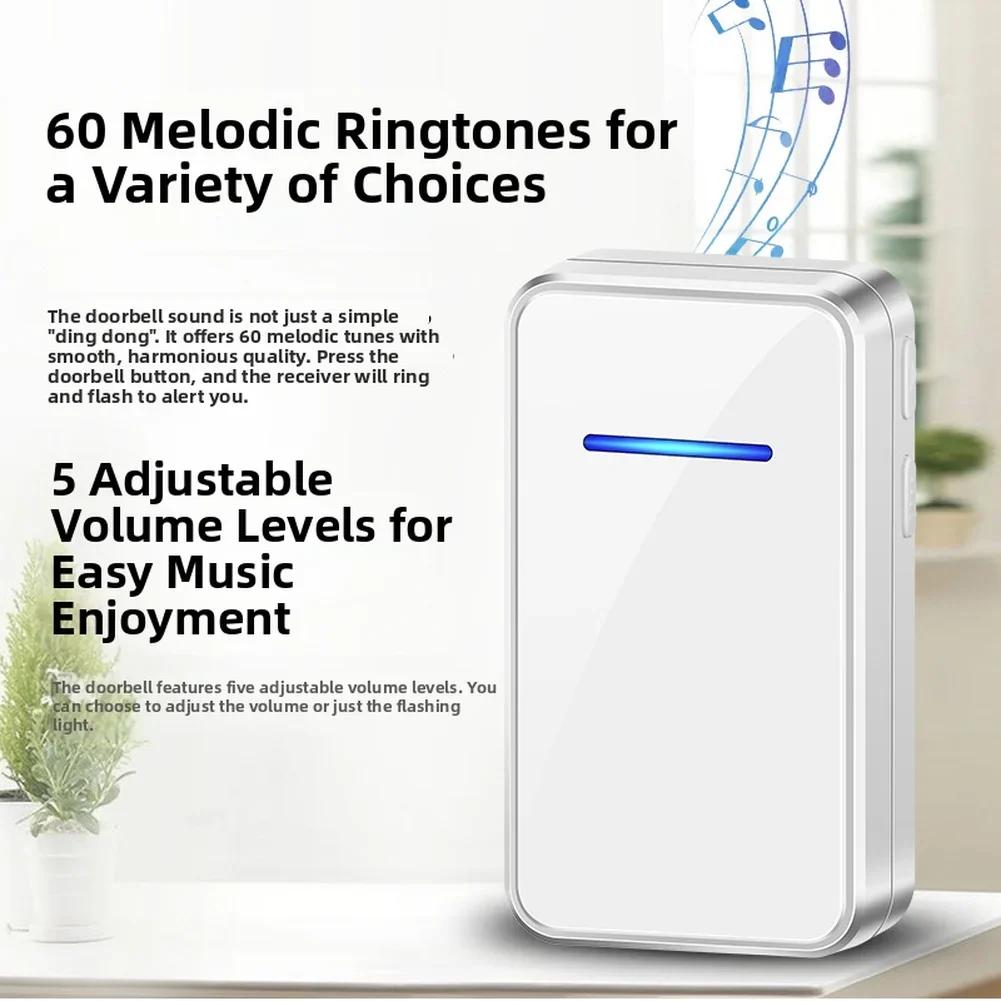 Self-Powered Wireless Doorbell with Dual Purpose Socket No Battery Needed 5 Sound Intensities 32 Tones 8x5x5cm Dimensions