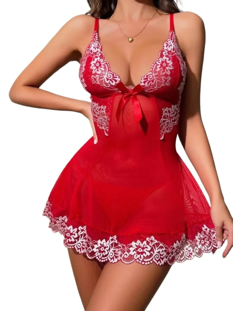 

Sexy Transparent Chiffon Suspender Lingerie Set Women's Pajamas Dress Sexy Lingerie Nightgown Night Dress Backless Short Skirt