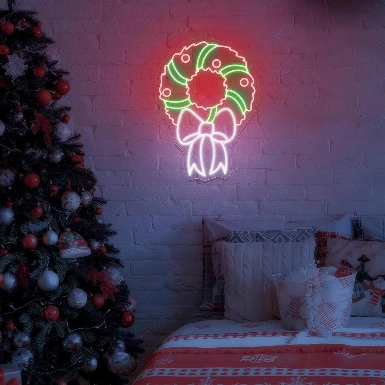 Merry Christmas Neon Led Sign Xmas Bow Wreath Room Decoration For Party Home Bedroom Bar Club Dimmable Led Lights Art Wall Signs