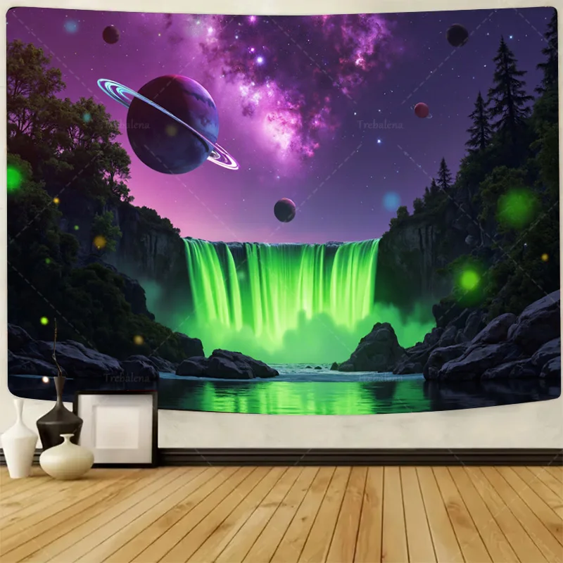 Tapiz de pared de 1 pieza, tapiz de cascada de galaxia, decoración del cielo nocturno del bosque cósmico