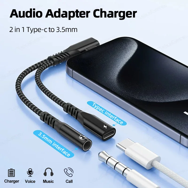 

Audio Adapter Elbow 2 IN 1 Type C to 3.5mm Headphone Jack Adapter Fast Charger 60W For iPhone 15 iPad Macbook Samsung S22 Huawei