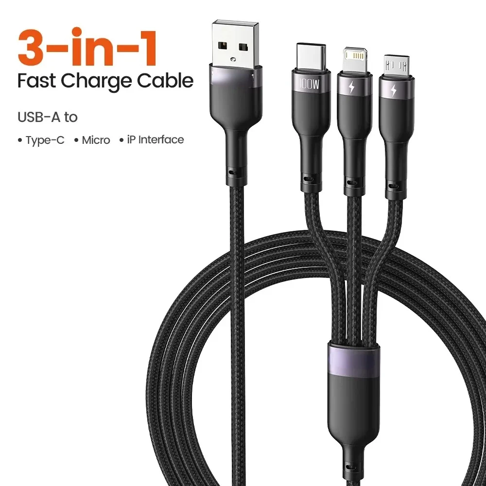 3 in 1 USB Cable 6A 100W Micro USB Type C Charging Cable For iPhone 14 13 12 13 Data Cord