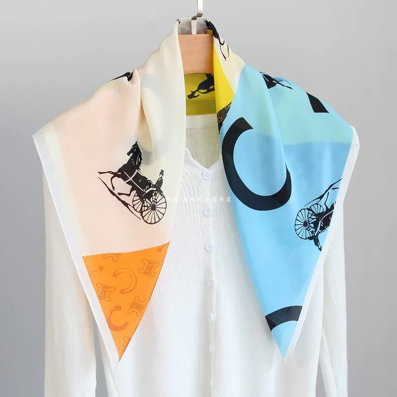 Cream Base Color Block Horse Carriage Silk Bandana 100% Pure Silk Trendy Equestrian Scarf All Season Unisex Hair Neck Accessory