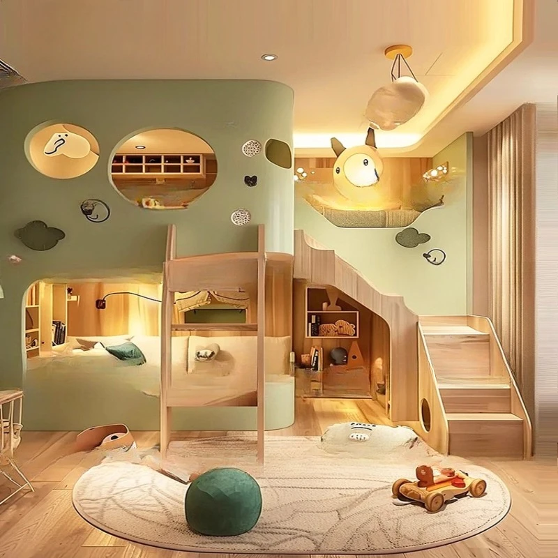 بيت الشجرة الخضراء بي إد، فتحة مستديرة يكون د، خلع متوازي يكون د، أسرة علوية وسفلية كبيرة ومنخفضة، مع خزانة سلم