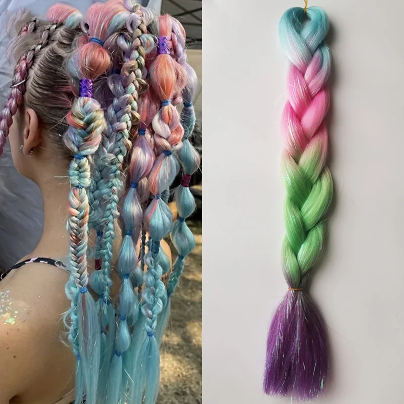 Jumbo Braiding Hair Tinsel Braids Ombre Yaki Straight Braiding Hair Blend Hair Tinsel, 24 inch Festival Rave Hair For Girls